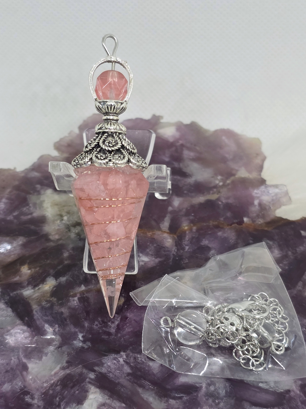 Rose Quartz Resin Pendulum Necklace with Chain | Crystal Pendulum | Reiki Tool | - Picture 3 of 9